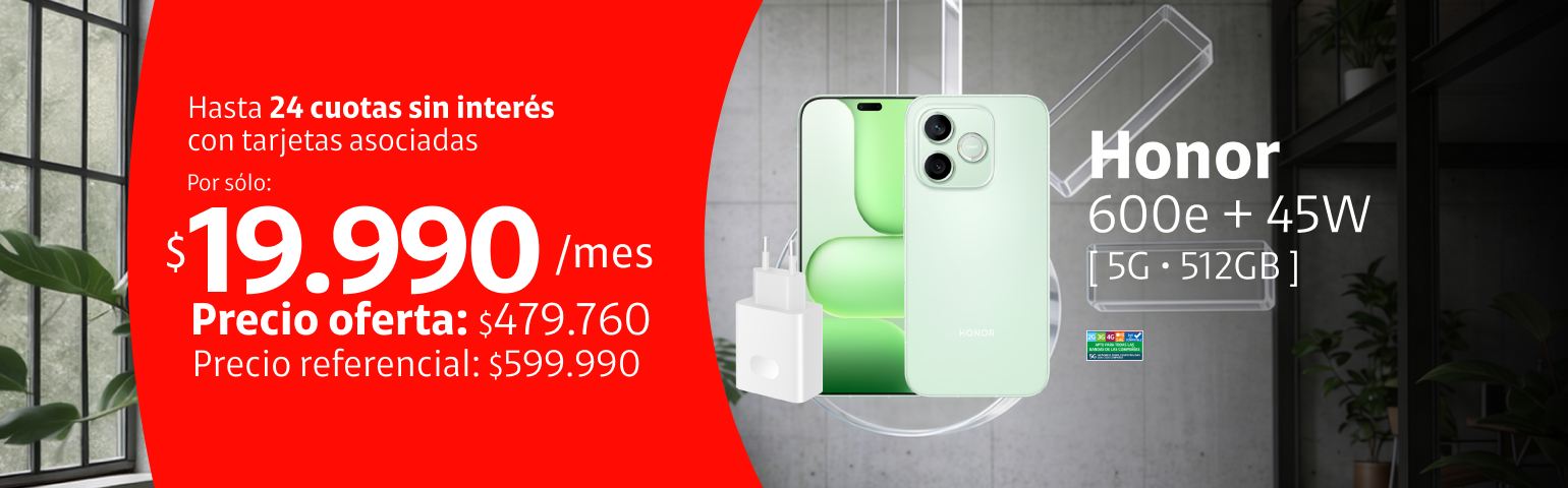 Honor 600e 5G 512GB + 45W Honor 600e 5G 512GB + 45W en 24 cuotas de 19.990